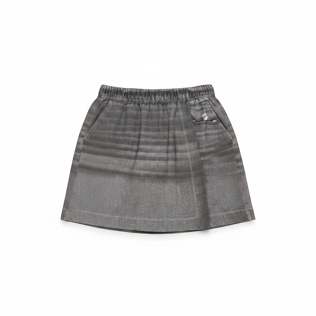 Chic Collective black denim skort with elastic waistband and side pocket. Versatile and comfortable for casual wear.