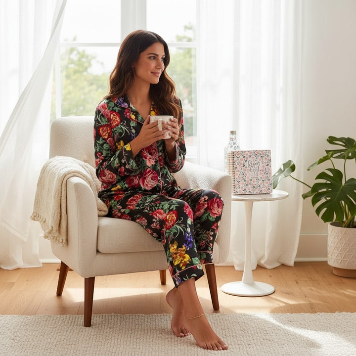 Chic Collective black floral satin pajama set with long sleeves and pants, worn by a woman sitting in a chair with a mug.