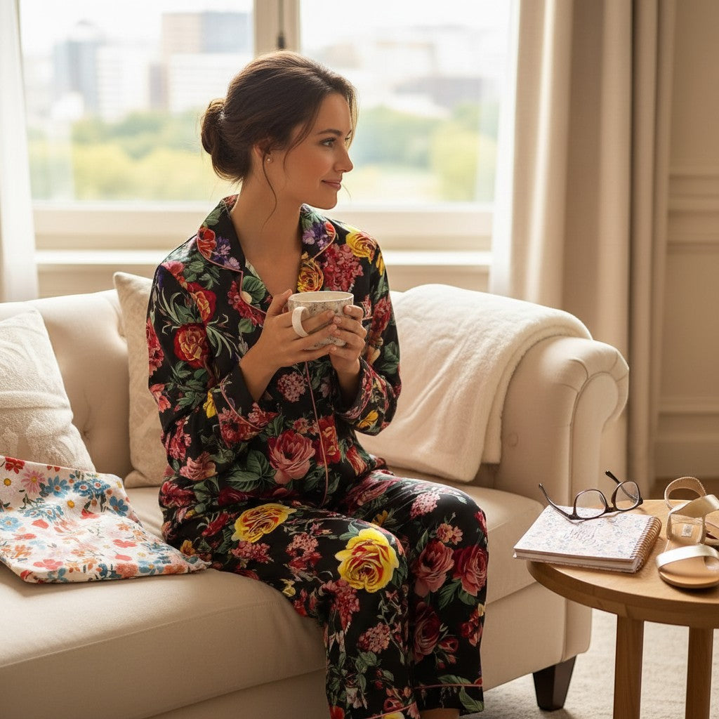 Chic Collective black floral satin pajama set with long sleeves and pants, worn by a woman holding a mug.
