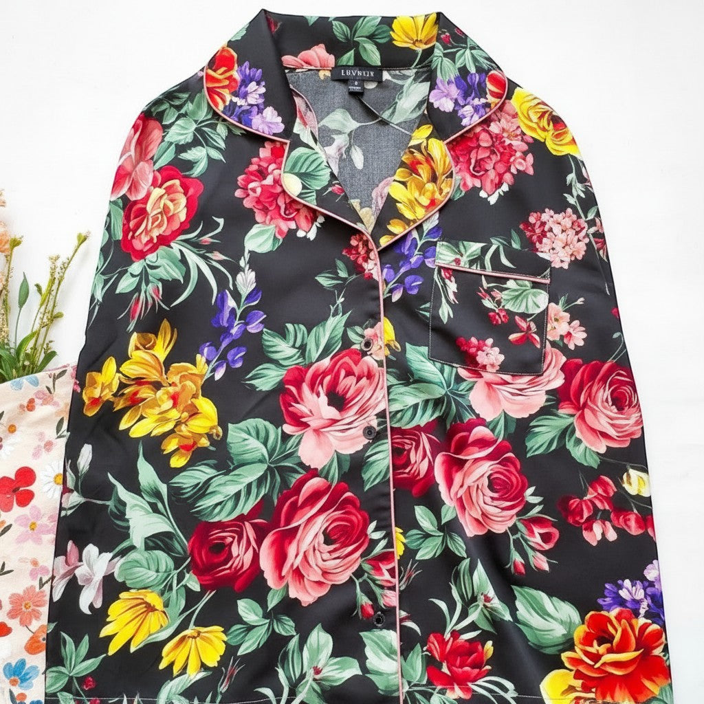 Chic Collective black satin pajama set with vibrant floral print, featuring pink piping and a chest pocket.