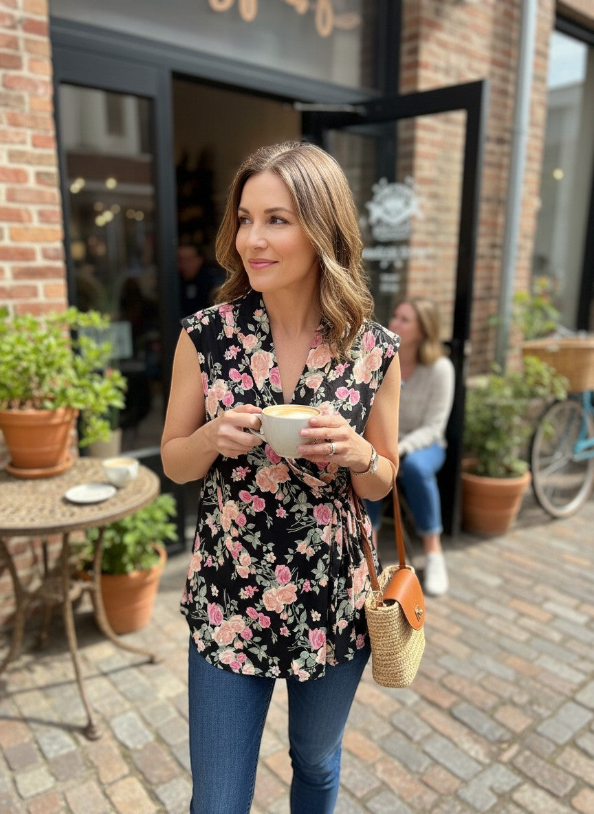 Chic Collective sleeveless black floral print blouse with cowl neckline and wrap detail.