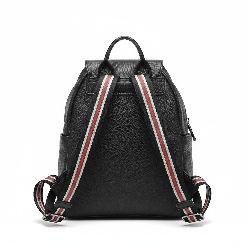 Chic Collective black textured leather backpack with diagonal zipper details and red, white, and black striped adjustable shoulder straps.
