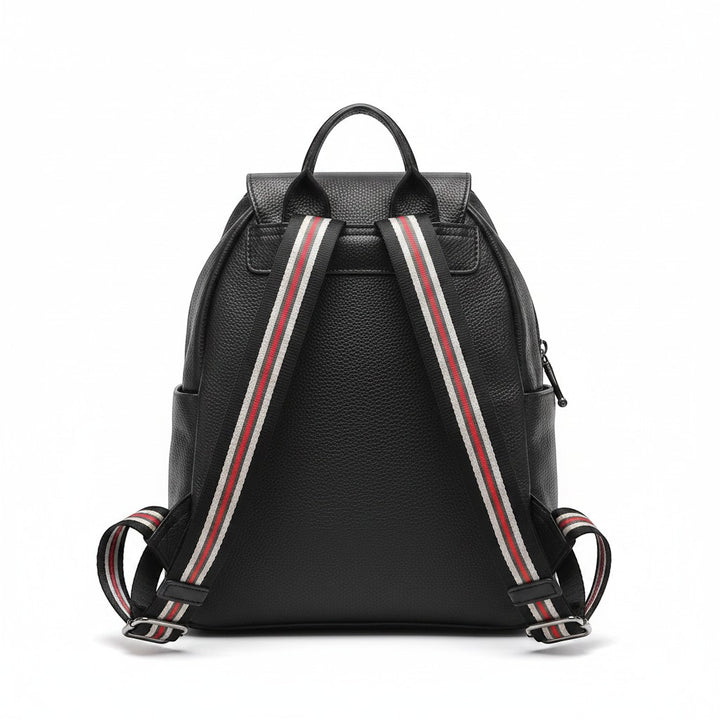 Chic Collective black textured leather backpack with diagonal zipper details and red, white, and black striped adjustable shoulder straps.