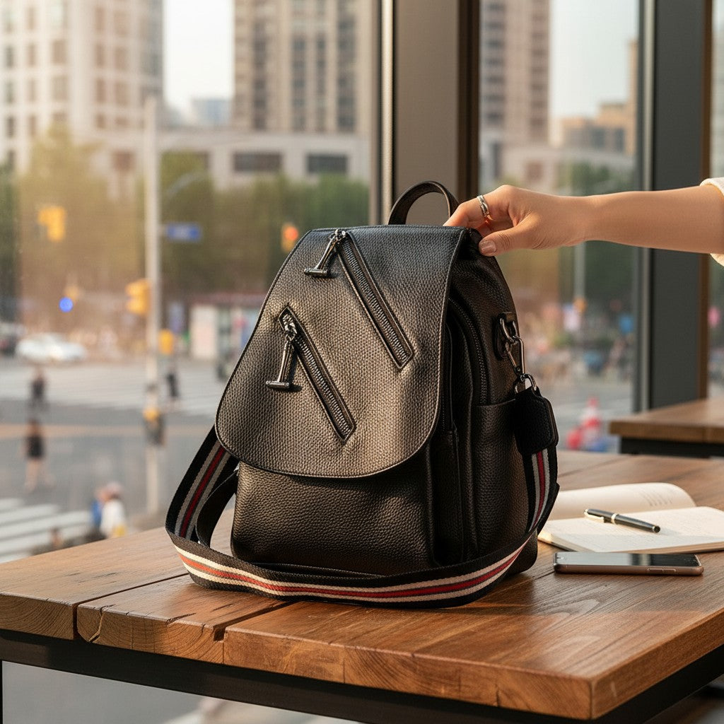 Chic Collective black textured leather backpack with diagonal zipper details and striped shoulder straps, placed on a wooden table.