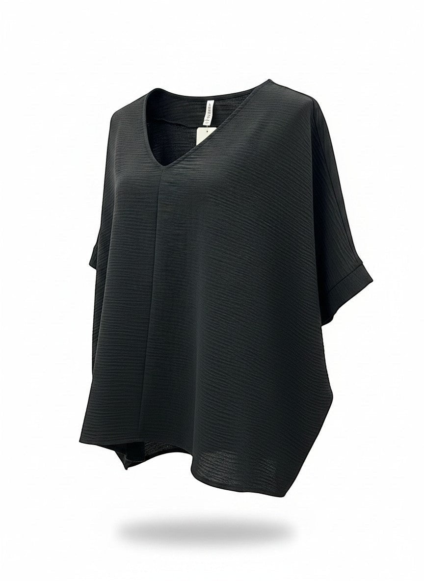 Chic Collective black textured V-neck dolman top with relaxed sleeves and a flattering silhouette.