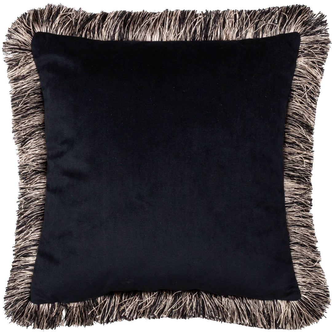 Chic Collective black velvet cushion with a fringed edge, featuring a tribal jungle design with wildcats.