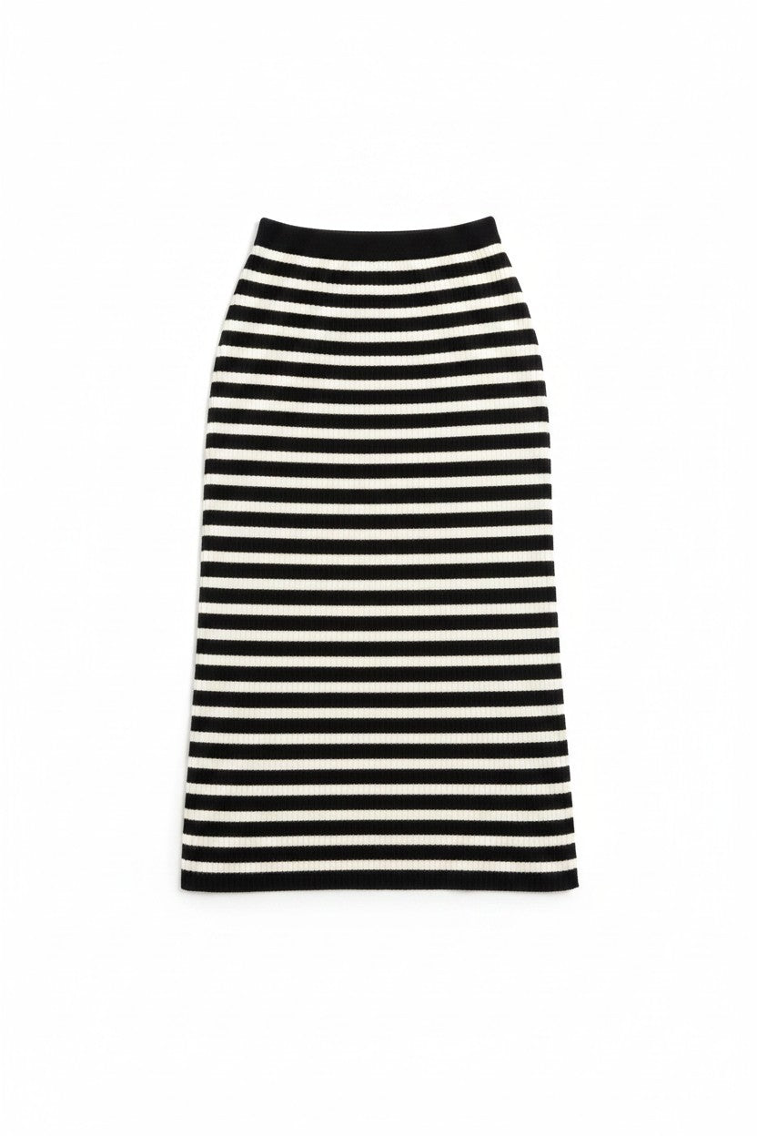 Chic Collective black and white striped midi skirt with a ribbed texture and elastic waistband.