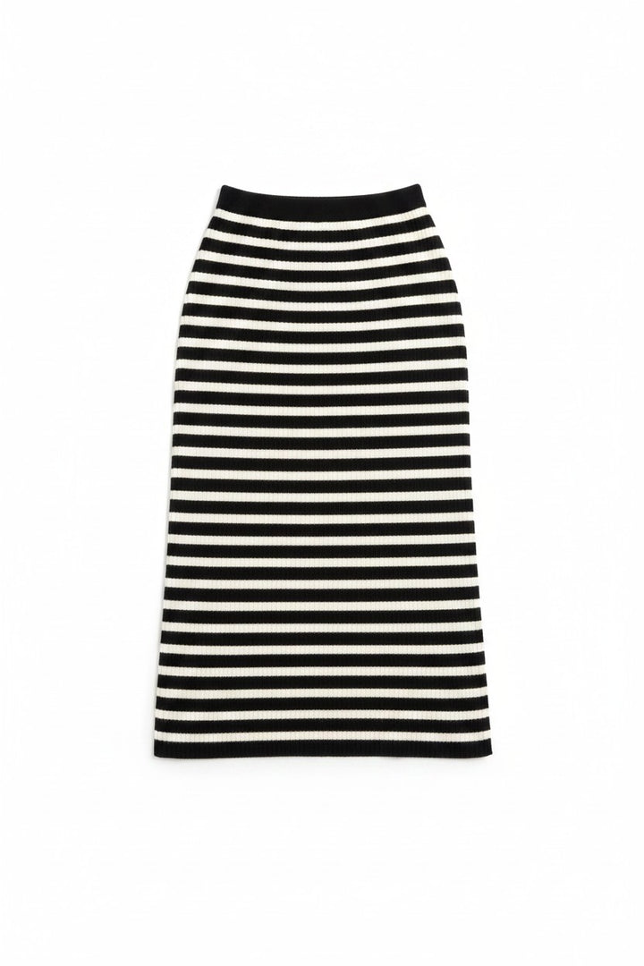 Chic Collective black and white striped midi skirt with a ribbed texture and elastic waistband.