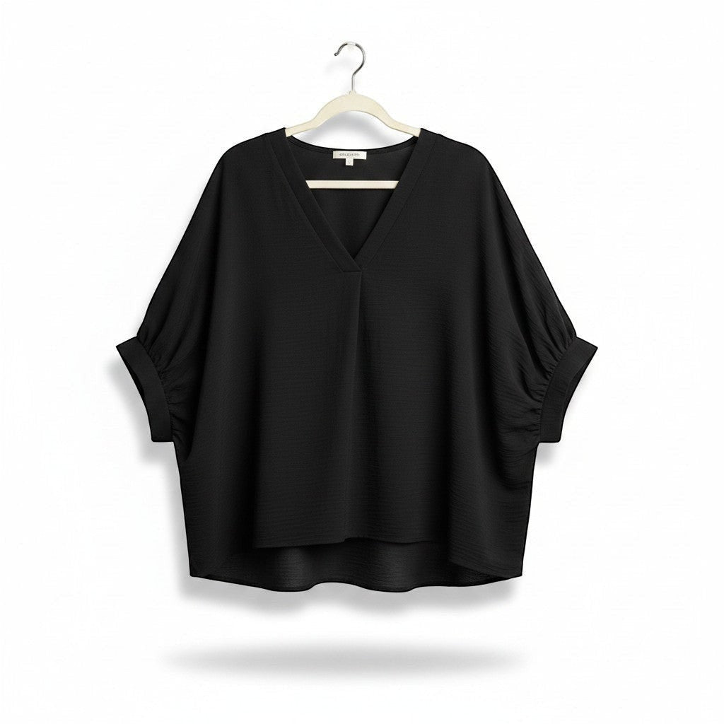 Chic Collective black woven airflow v-neck puff half-sleeve top in size 1x/2x.