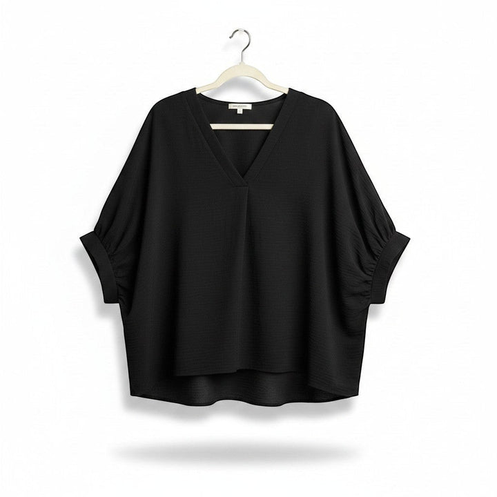 Chic Collective black woven airflow v-neck puff half-sleeve top in size 1x/2x.