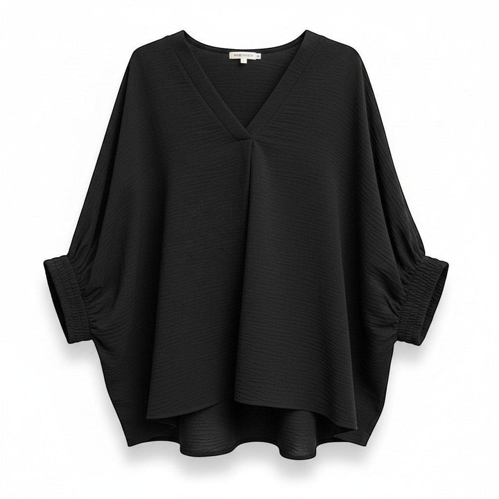 Chic Collective black woven airflow v-neck puff half-sleeve top with elasticated cuffs.