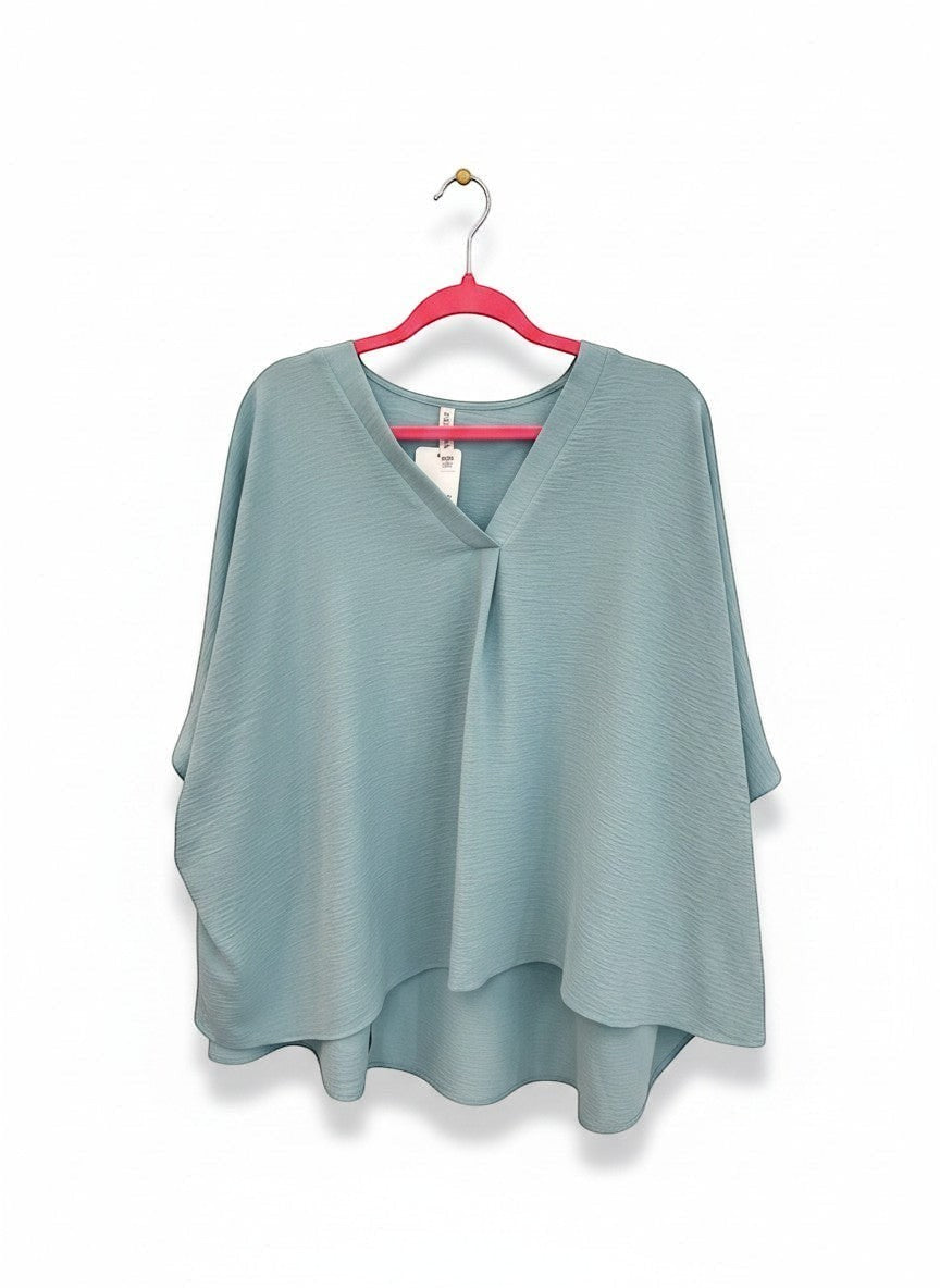 Chic Collective blue textured V-neck dolman top with relaxed sleeves and a flattering drape.