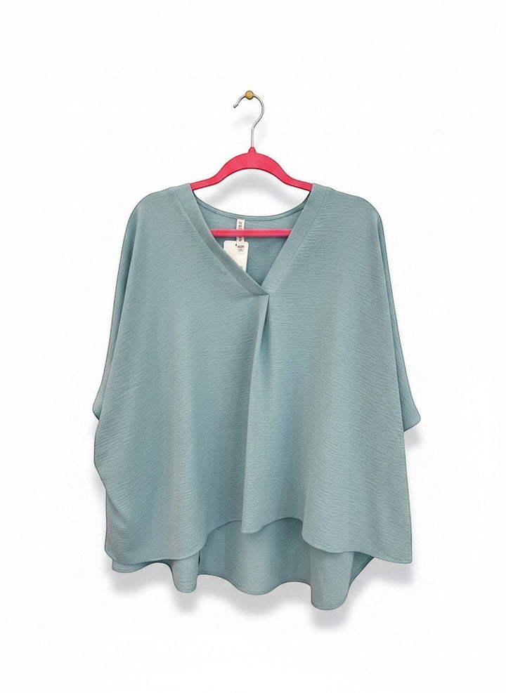 Chic Collective blue textured V-neck dolman top with relaxed sleeves and a flattering drape.