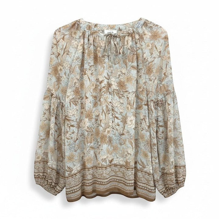 Chic Collective light blue floral print blouse with balloon sleeves and tie neck. Button front detail.