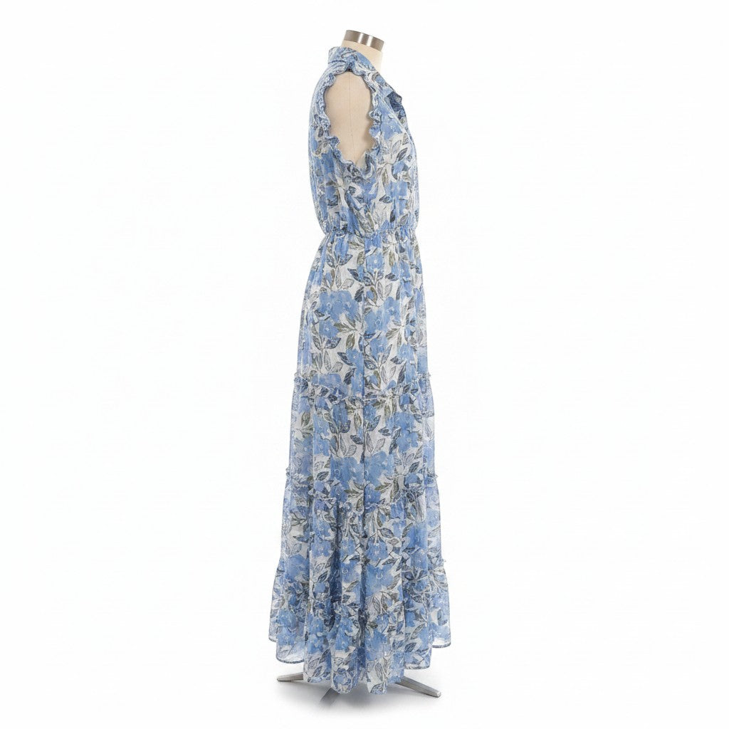 Chic Collective blue floral maxi dress with tiered ruffles and a collared neckline. Sleeveless design with a flowy silhouette.