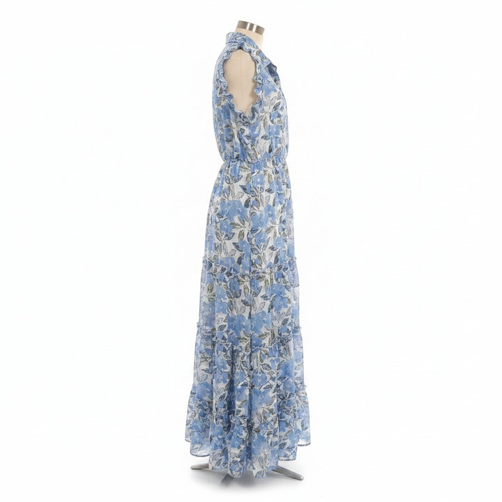 Chic Collective blue floral maxi dress with tiered ruffles and a collared neckline. Sleeveless design with a flowy silhouette.