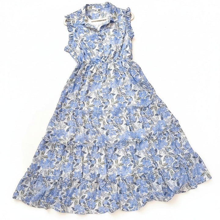 Chic Collective blue floral maxi dress with tiered skirt and ruffled collar. Sleeveless design with button-up front.