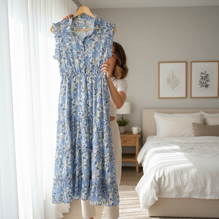 Chic Collective blue floral maxi dress with ruffled collar and tiered skirt. Flowy silhouette, sleeveless design.