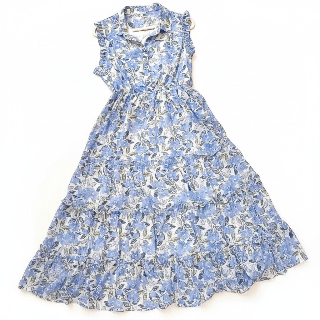 Chic Collective blue floral maxi dress with tiered skirt and ruffled collar. Sleeveless design with button front.