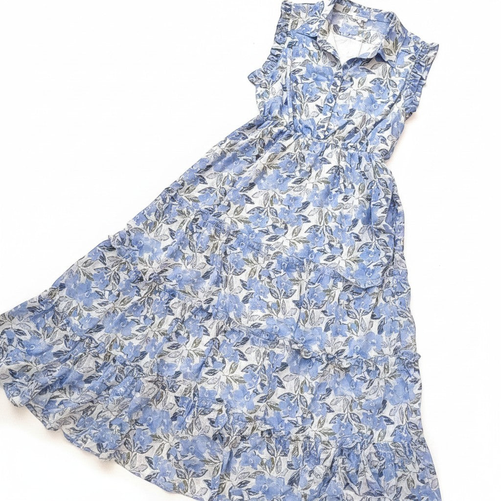 Chic Collective blue floral maxi dress with ruffled cap sleeves, collared neckline, and tiered skirt. Flowy silhouette.