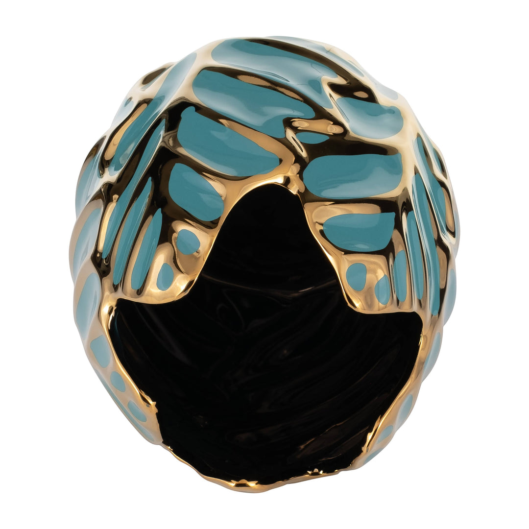 Chic Collective blue and gold abstract stoneware vase with glossy finish and unique cutout design.
