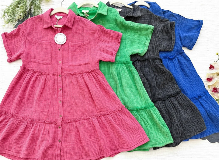 Chic Collective blue mineral wash tiered cotton gauze shirt dress with short sleeves and button front.
