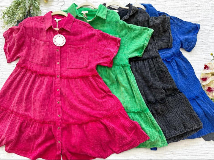 Chic Collective blue mineral wash tiered shirt dress with short sleeves and button front. Available in multiple colors.