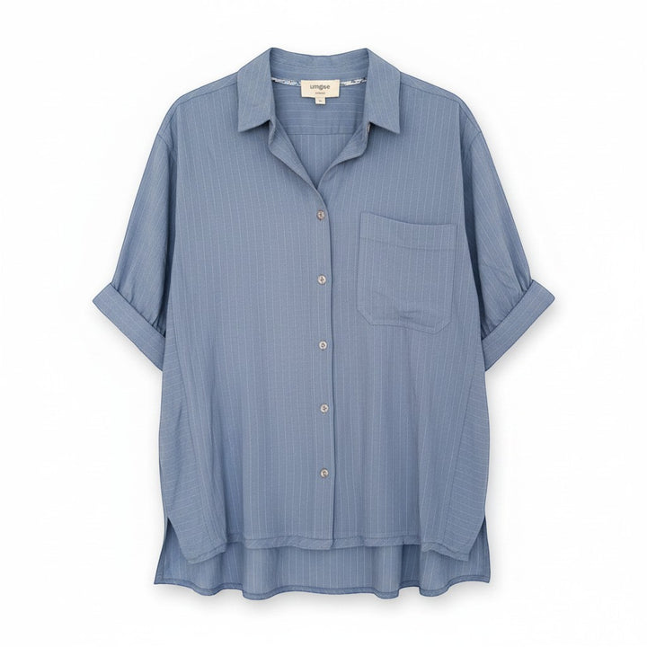 Chic Collective blue and white pinstripe short-sleeve button-up top with a chest pocket and rolled cuffs.