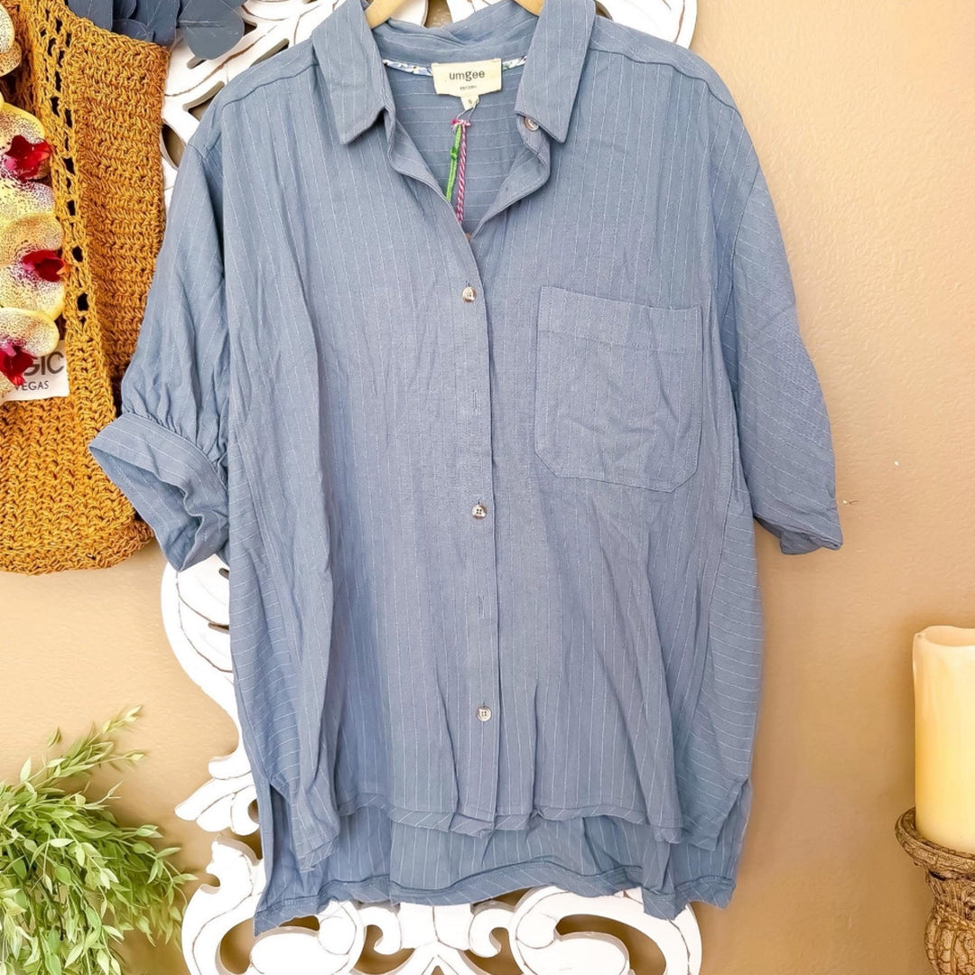Chic Collective blue and white pinstripe short sleeve button-up top with a chest pocket and cuffed sleeves.