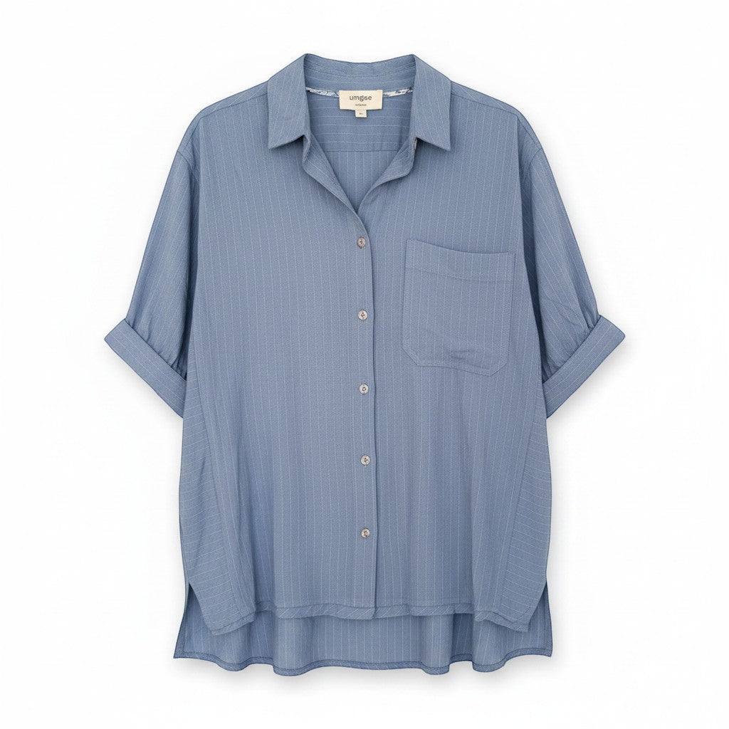 Chic Collective blue and white pinstripe short-sleeve button-up top with a chest pocket and cuffed sleeves.