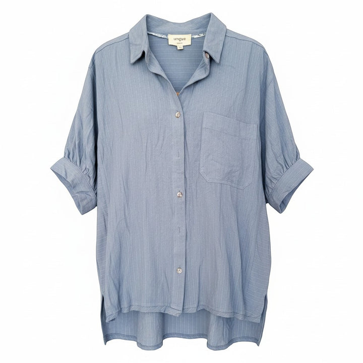 Chic Collective blue and white pinstripe short sleeve button-up top with a chest pocket and cuffed sleeves.