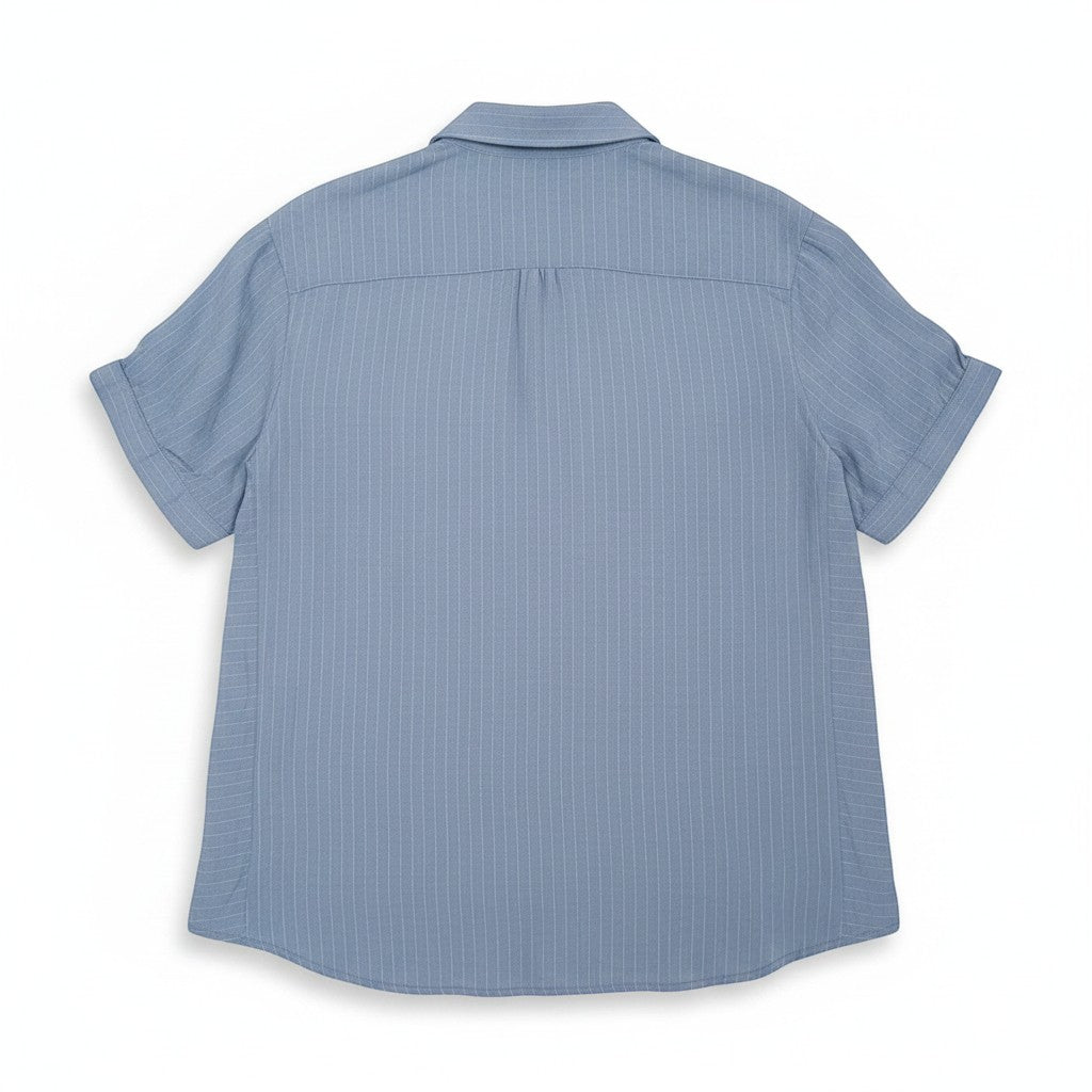 Chic Collective blue and white pinstripe short-sleeve collared top with cuffed sleeves.