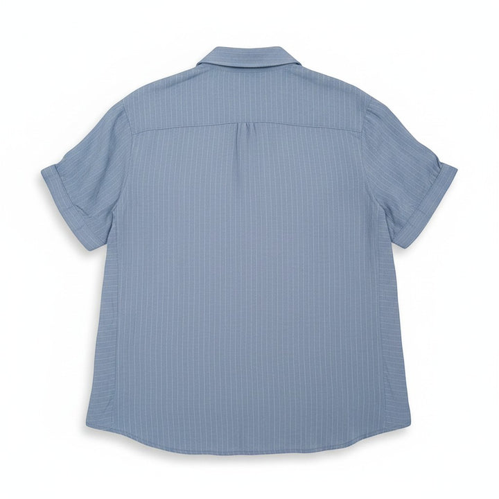 Chic Collective blue and white pinstripe short-sleeve collared top with cuffed sleeves.