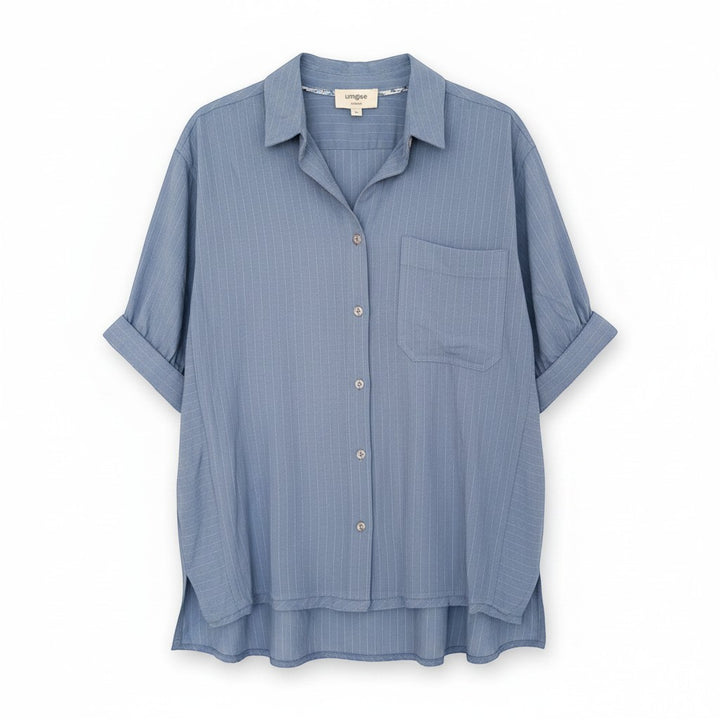 Chic Collective blue and white pinstripe short-sleeve button-up top with a chest pocket and cuffed sleeves.