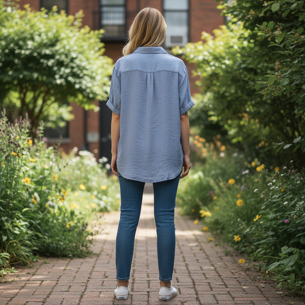Chic Collective blue and white pinstripe relaxed fit short sleeve button-up top.