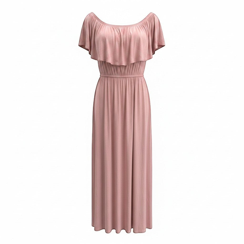 Chic Collective blush pink ruffled off-shoulder maxi dress with elasticated waist and flowing skirt.