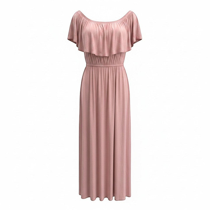 Chic Collective blush pink ruffled off-shoulder maxi dress with elasticated waist and flowing skirt.