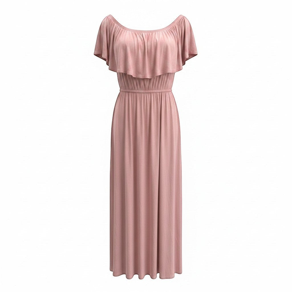 Chic Collective blush pink ruffled off-shoulder maxi dress with elasticated waist and flutter sleeves.