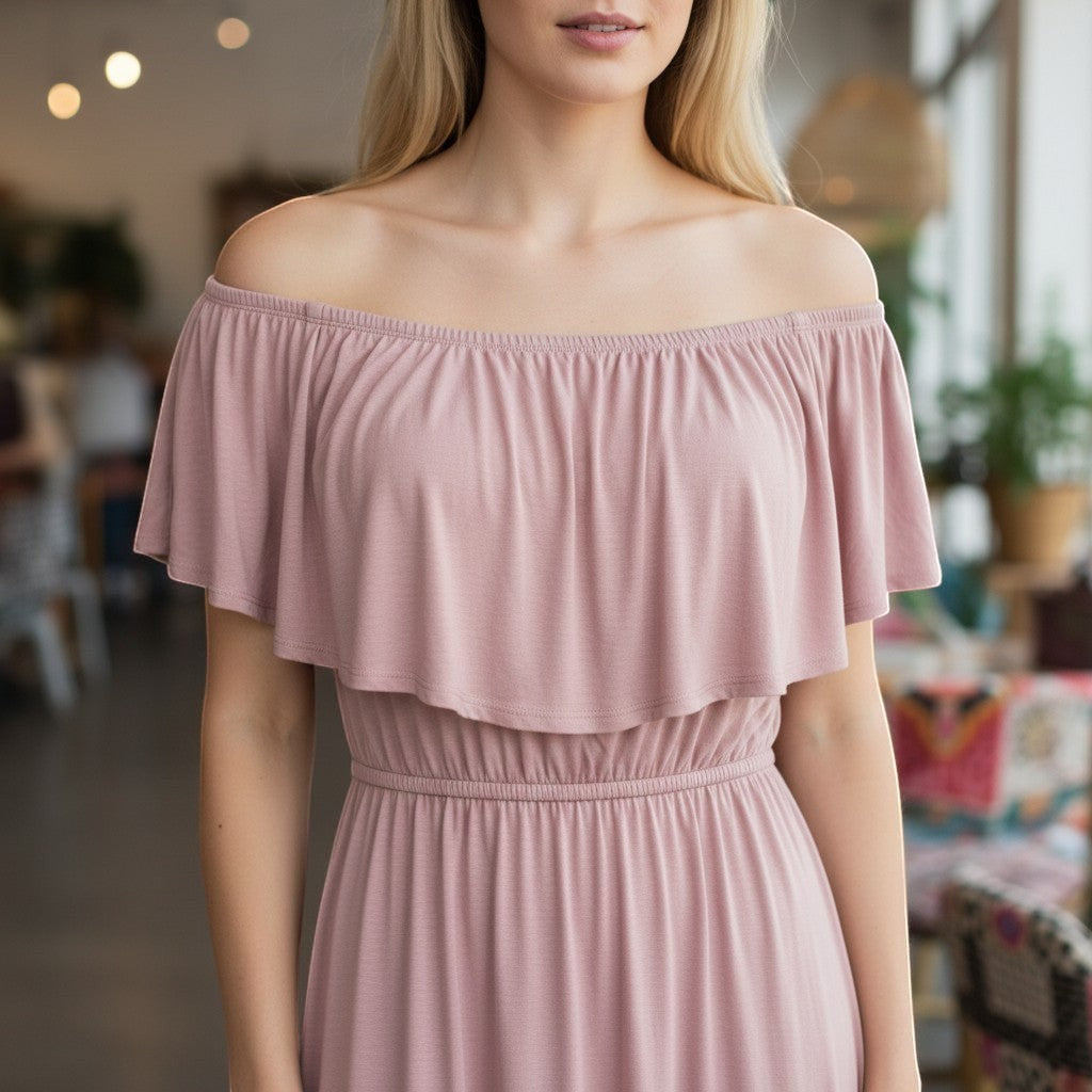 Chic Collective blush pink ruffle maxi dress with off-shoulder design and elasticated waist. Soft, flowing fabric.