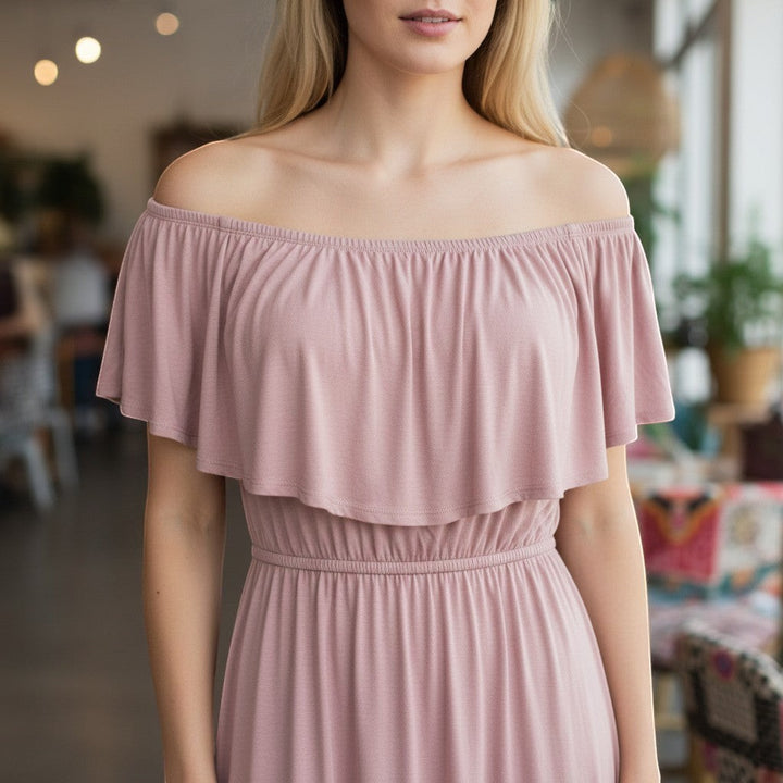 Chic Collective blush pink ruffle maxi dress with off-shoulder design and elasticated waist. Soft, flowing fabric.