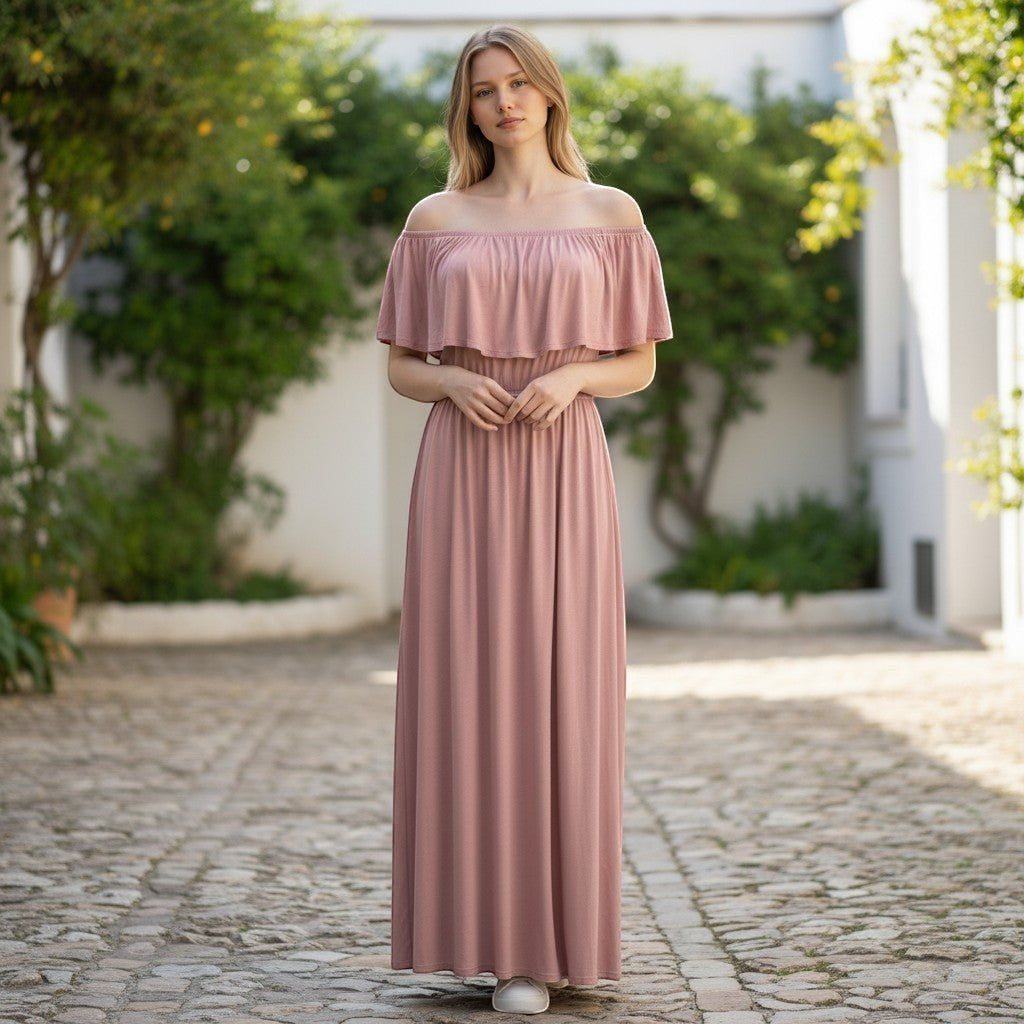 Chic Collective blush pink ruffle off-shoulder maxi dress with a flattering fit, perfect for casual or formal occasions.