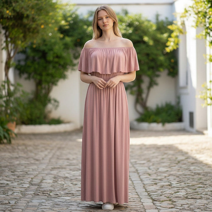 Chic Collective blush pink ruffle off-shoulder maxi dress with a flattering fit, perfect for casual or formal occasions.
