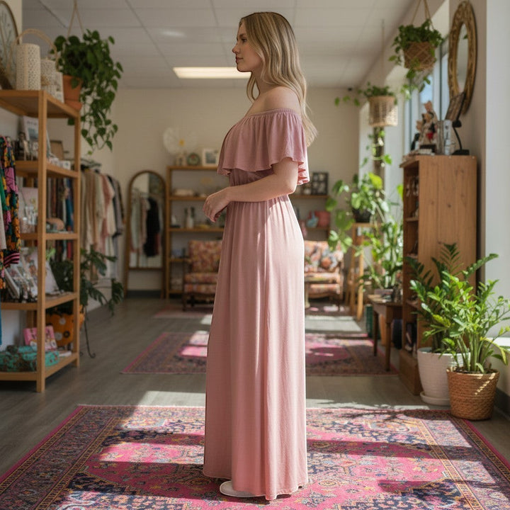 Chic Collective blush pink ruffle maxi dress, off-shoulder design, flattering fit, elegant silhouette, comfortable fabric.