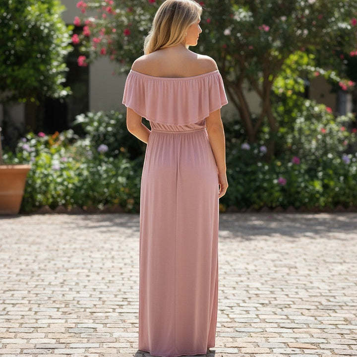 Chic Collective blush pink ruffle maxi dress with off-shoulder design and elasticated waist. Flowy skirt.