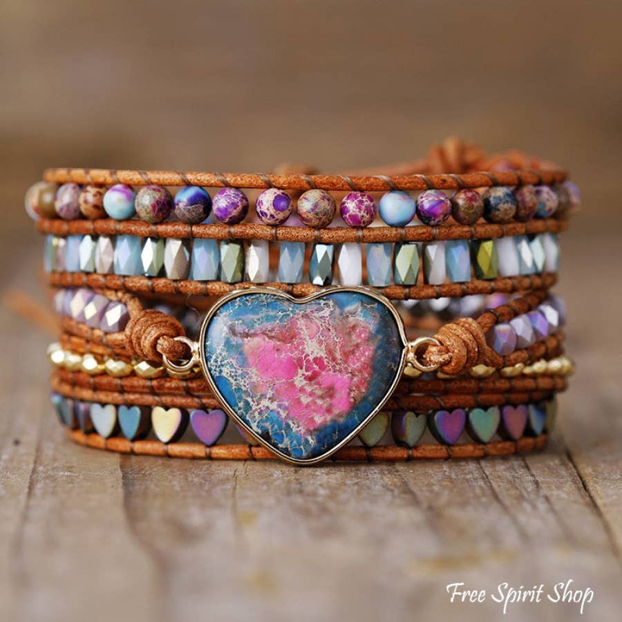 Chic Collective Bohemian Heart Stone Wrap Bracelet with genuine leather cords, colorful beads, and a pink and blue heart-shaped stone centerpiece.