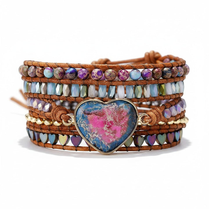 Chic Collective Bohemian Heart Stone Wrap Bracelet with genuine leather cords, colorful beads, and a pink and blue marbled heart stone centerpiece.