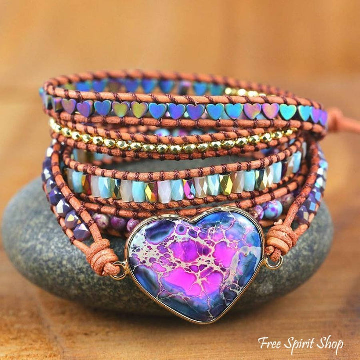 Chic Collective Bohemian Heart Stone Wrap Bracelet with genuine leather cords, colorful beads, and a purple/blue marbled heart stone.