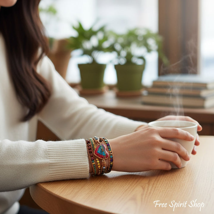 Chic Collective Bohemian Heart Charm Wrap Bracelet with natural stones and metallic beads on a woman&