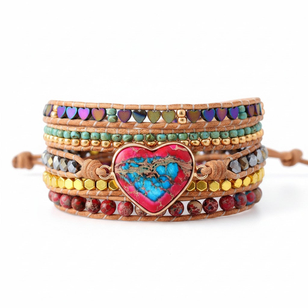 Chic Collective Bohemian Heart Charm Wrap Bracelet with genuine leather, natural stones, and metallic beads.