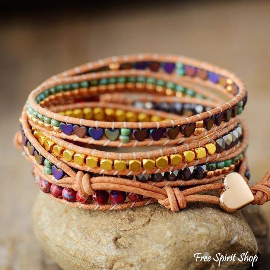 Chic Collective Bohemian Heart Charm Wrap Bracelet with natural stones, metallic beads, and gold heart charm on leather cord.